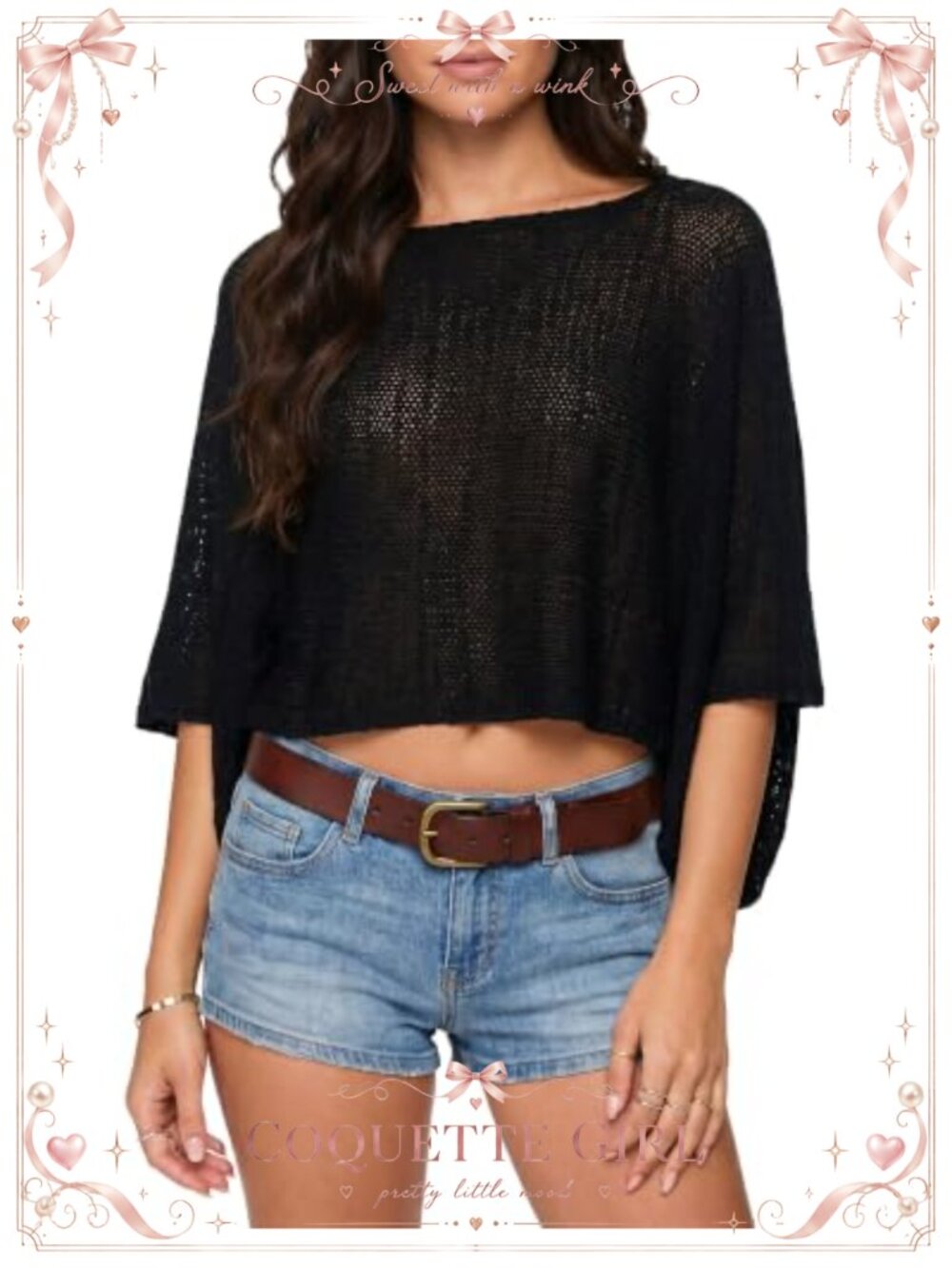 Womens Crochet Top Batwing Short Sleeve High Low Hem Knit Poncho Shrug